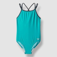 Speedo Girl's Blue Round-Neck Cross-Back One-Piece Swimsuit Size 14