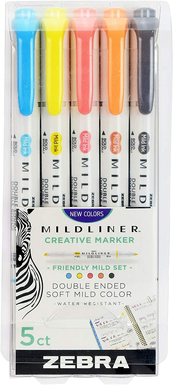 Mildliner Double Ended Highlighter Set Broad and Fine Point Tips, 5 Pack, Friend