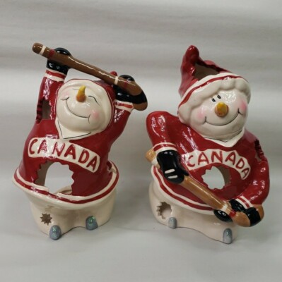 Blue Sky Snowman T-Lite Candle Holder~Canada Hockey~ Heather Goldminc 2012 -Set