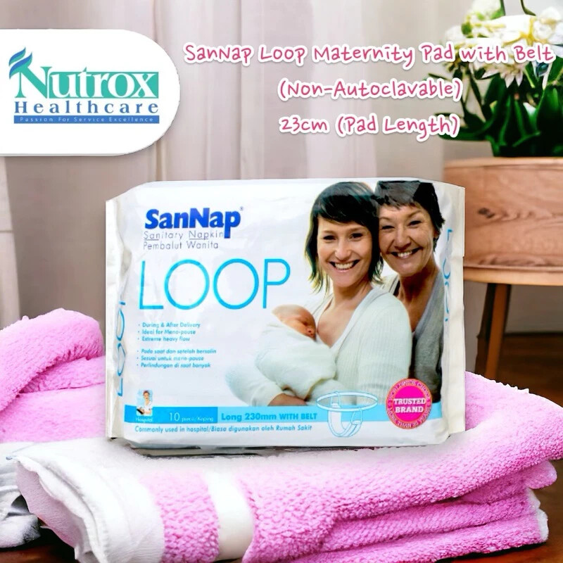 1x SanNap Loop Maternity Sanitary Napkin 230mm with Belt 10s Heavy Flow