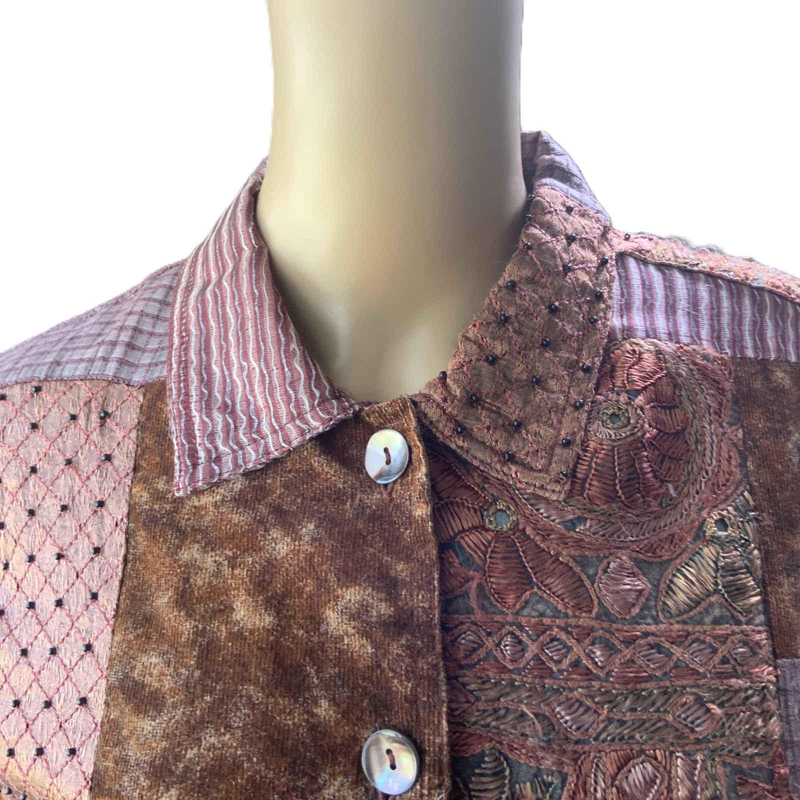 Multiples Womens Brown Patchwork Beaded Button-up… - image 3