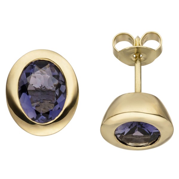 Ohrstecker Ohrringe Mit Blauen Iolithe 585 Gold Gelbgold Goldohrringe Ohrschmuck-image