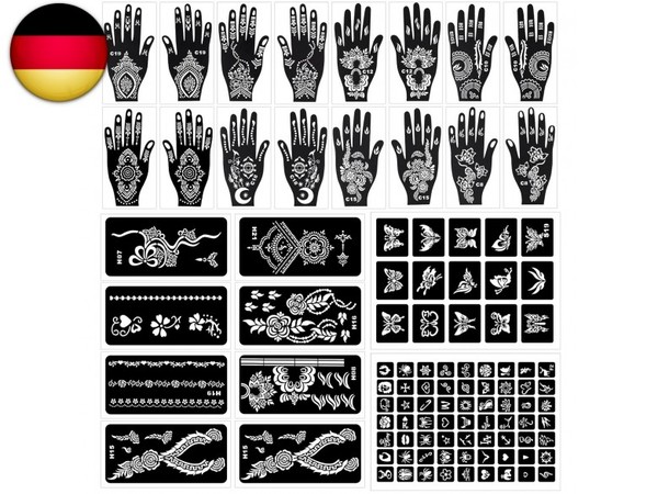 102 Pcs Henna Schablonen,18 BläTter TemporäRe Henna Tattoo Schablonen Kit FüR Kö-image