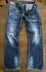 Rock Revival Steven Men’s 34 Blue Dark Wash Jeans Straight Fit Distressed