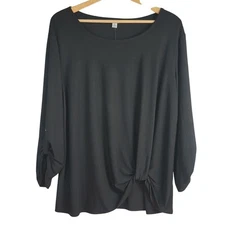 Cato Pullover Top Black XL 3/4 Sleeve Round Neck Front Twist Solid Stretchy NWT