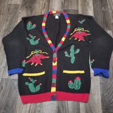 VTG South Cotton Hand loomed Knit 100% Cardigan Small Cactus Chili Peppers