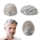 Mens Human Hair Replacement System Injection Skin Toupee Grey Hair Piece#1B80