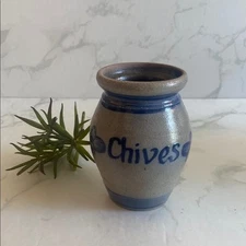 Vintage Blue & Gray Ceramic Herb Vase "Chives" 1993 Rowe salt Glaze Pottery