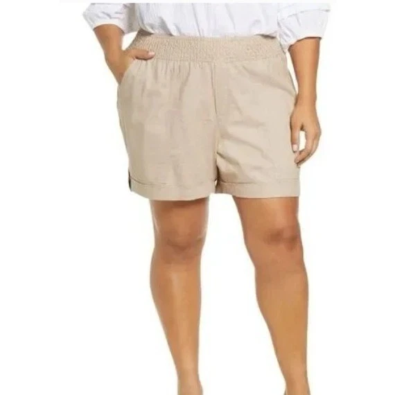 High Waist Linen Blend Tan Skyrise Ruched Elastic Waist Pull On Shorts Preppy L