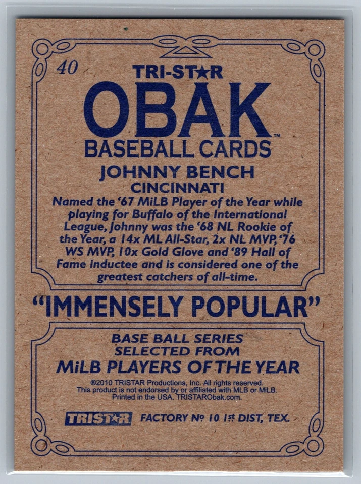 2010 TRISTAR Obak Johnny Bench #40 - Image 2 of 2