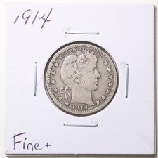 1914 25C Barber Liberty Head Quarter Dollar in Fine+ Condition #6947