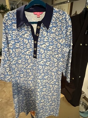 Lilly Pulitzer Blue White Floral Collared Shift Dress Button 3/4 Sleeve L