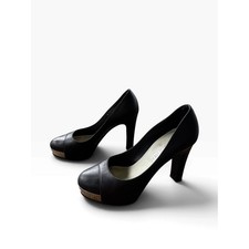 Chanel Silver Plate Platform Pumps 37.5 Black Leather Block Heel Cap Toe
