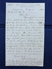 1866  Signed Business  Letter - Law Office Of Hand & Post - Scranton PA Ephemera