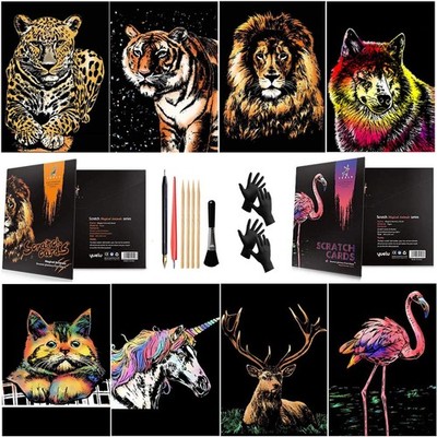 Annickee 8 Stück Scratch Art Papier A4, Tiere Regenbogen Malerei Skizze, Tiere Kunst