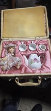 VINTAGE Miniature Doll  Children's Floral TEA SET IN A WICKER PICNIC BASKET