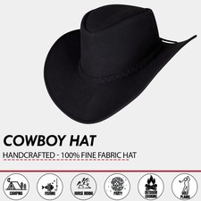 Men s Black Leather Cowboy Hat Western Wide Brim Outback Hat Braided Band