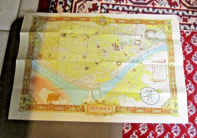1950 Seville Spain Color Map Vintage Travel Souvenir 19'' x 27'' City Hall History
