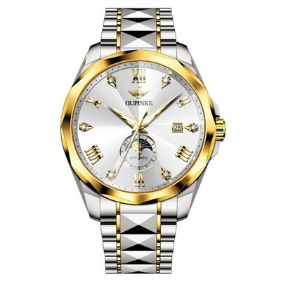 OUPINKE Men Tungsten Steel Automatic Watch Sapphire Crystal Day Calendar Luminou