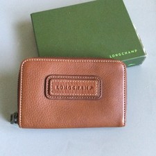 Longchamp Leather Cognac Tan Brown Coin Zip Pouch Wallet Small With Box