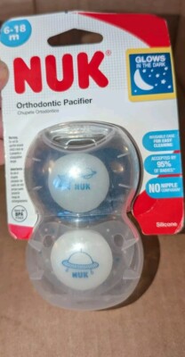 2 PACK NUK ORTHODONTIC PACIFIER SILICONE 6-18 MONTH NEW BLOW IN DARK BLUE SPACE 
