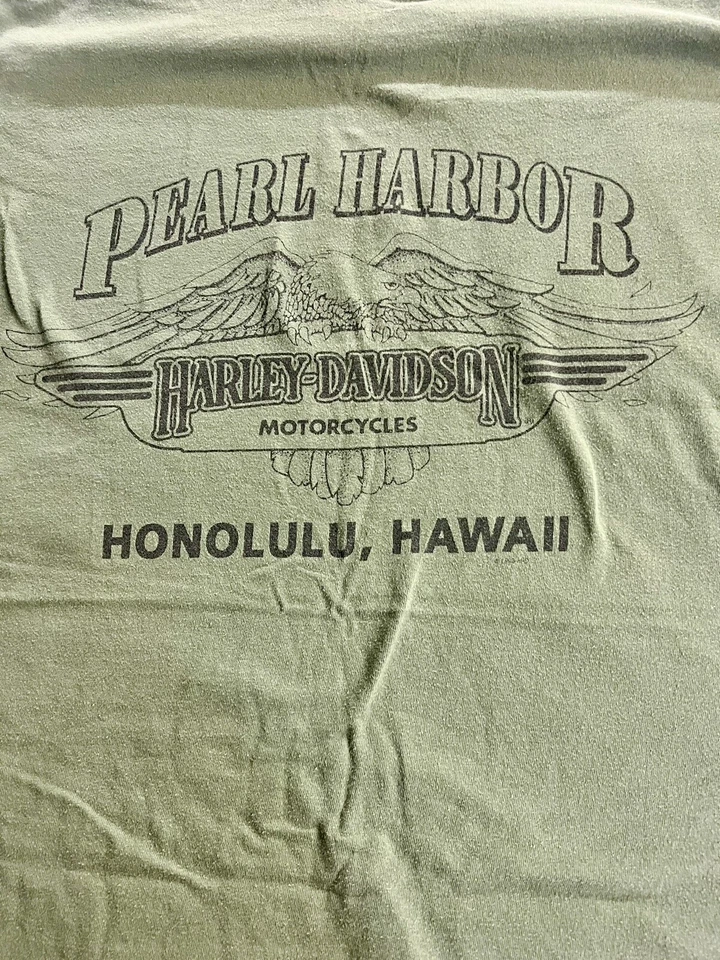Винтажная мужская футболка Harley-Davidson XL Pearl Harbor 1998 Y2K армейская зеленая - Изображение 4 из 4