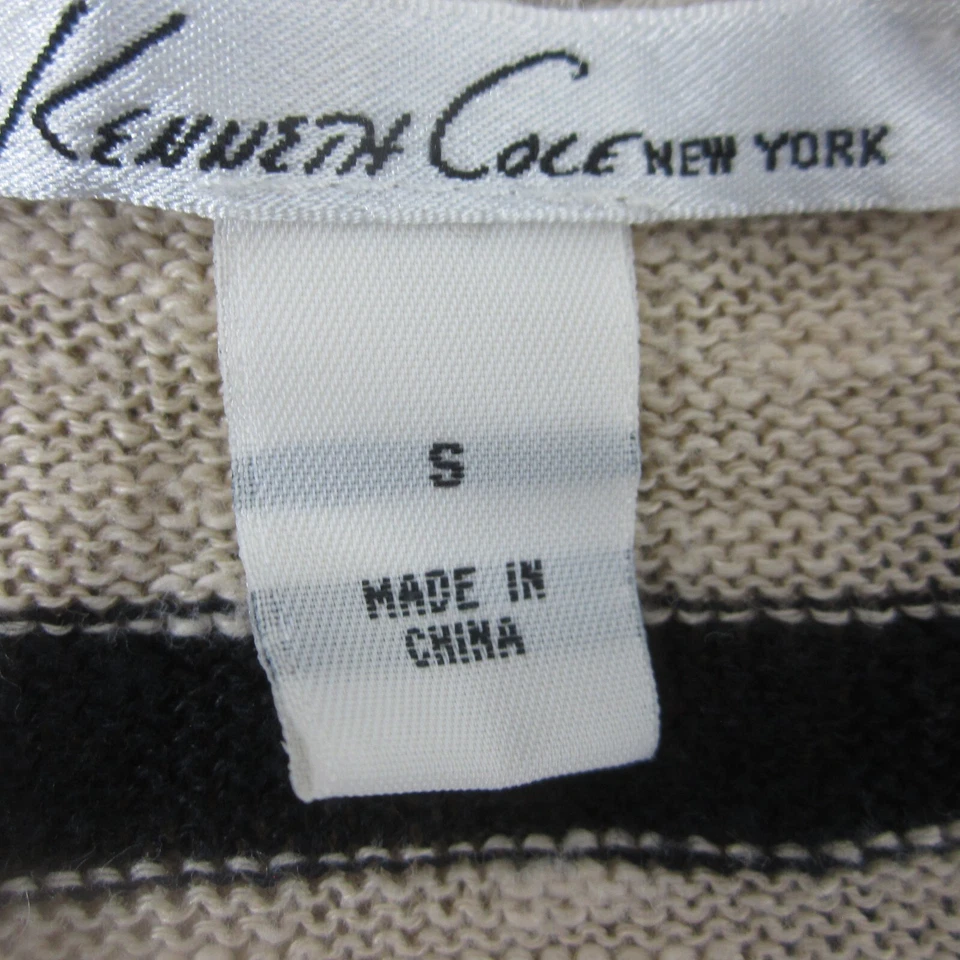 Cárdigan corto abierto Kenneth Cole para mujer pequeño beige negro a rayas SS lino algodón Foto 3 de 4