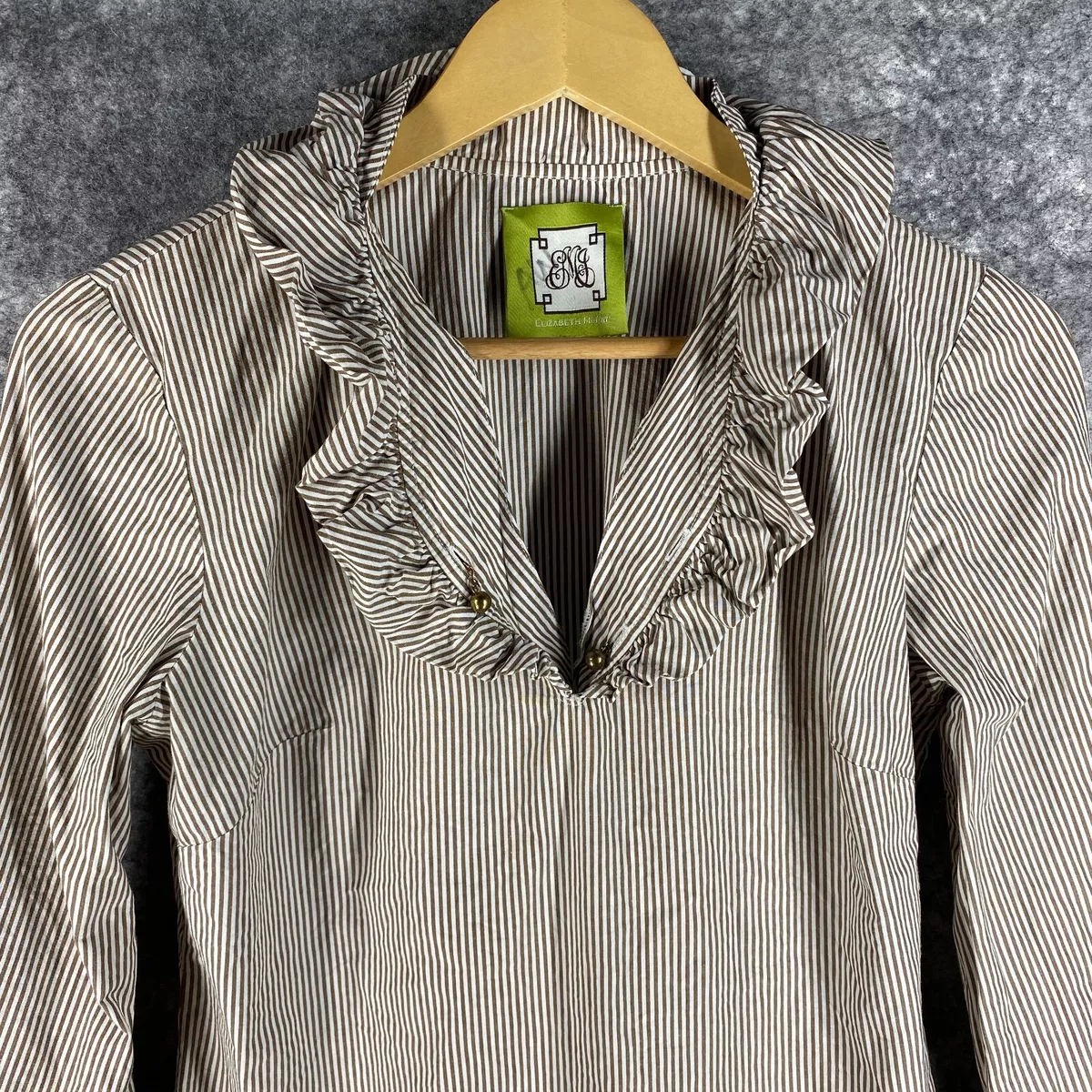 Elizabeth McKay Shirt Womens 6 Mocha White Stripe Ruffle Button