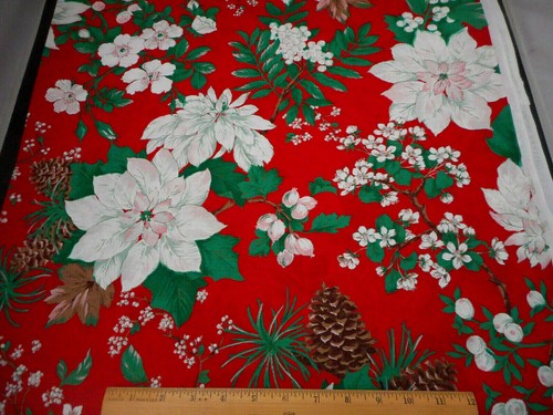 Tessuto Natalizio Corto Cortile Bianco Poinsettia Pigna Rosso Policotone #49 Vintage C