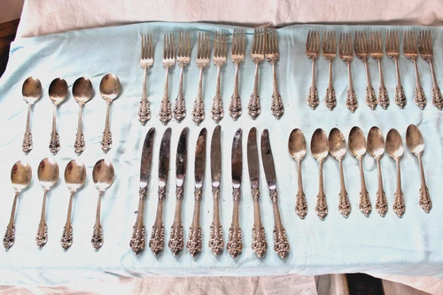 Vintage 40's Wallace Grande Baroque Sterling Silver Flatware Set of 39 Pcs
