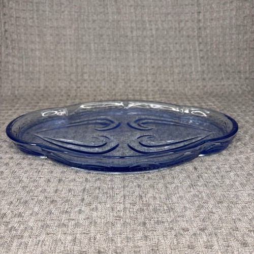 Vtg Bagley Glass Vanity Tray Pale Blue Art Deco Dressing Table Pressed 12.5" - Afbeelding 4 van 10