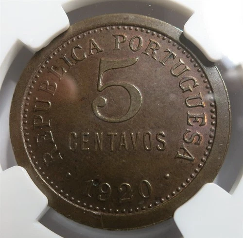 PORTUGAL Republic 5 Centavos 1920 NGC MS 63 BN UNC Bronze Toned Graded SCARCE