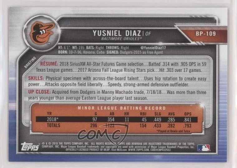 2019 Bowman Prospects Red /5 Yusniel Diaz #BP-109 - Image 2 of 2