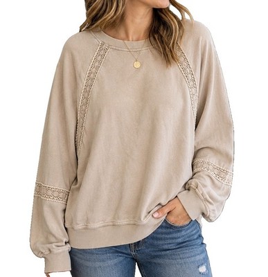 Universal Thread Acid Wash Lace Trim Sweatshirt Tan Women's Large NWT Pullover
