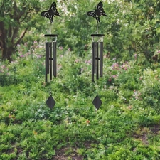 2-PC Gift Set 41" Long Black Butterfly Wood/Metal Silhouette Wind Chime