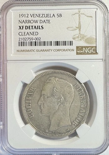 1912 VENEZUELA 5B NARROW DATE NGC XF DETAILS CLEANED