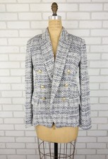 L'AGENCE Double Breasted Tweed Blue White Blazer Jacket 4 Blue White Peak Lapel