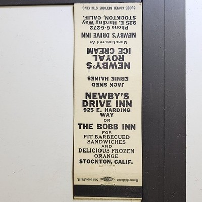 Newby's Drive Inn Stockton California Vintage 1950s Black White Matchbook