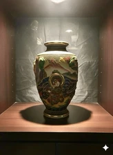 Antique Japanese Shimazu Family 3D Relief Carved Satsuma Porcelain Vase 10”