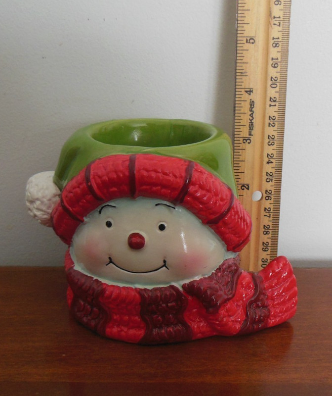 Yankee candle votive holder ceramic snowman head w/green hat & red scarf 