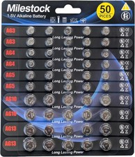 50-pcs 1.5V Super Alkaline Button Cell Battery Assortment AG3 LR41, AG4 LR626, A