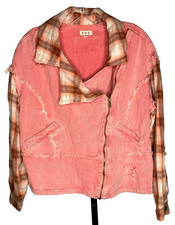 POL Denim Pink Jacket women's Contrasting Plaid Collar and Sleeves Size Small