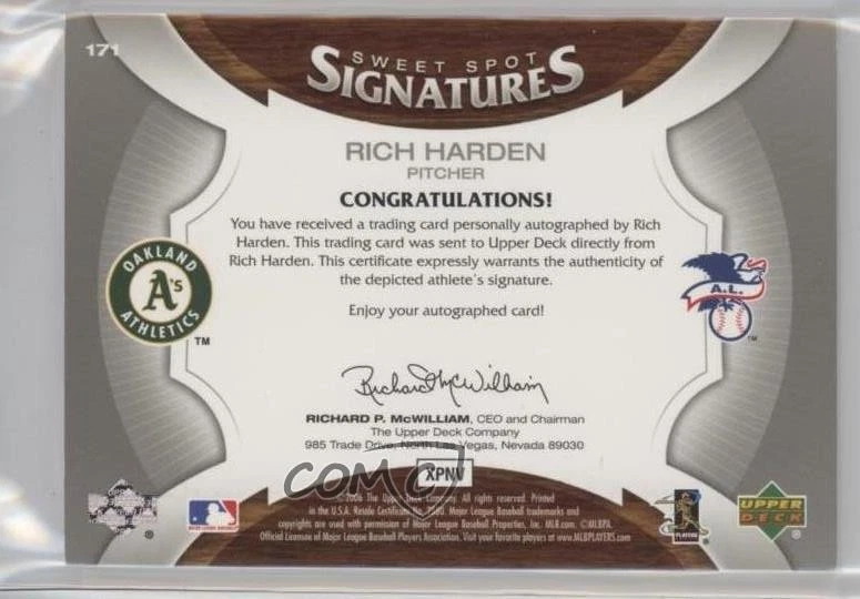 2006 Upper Deck Sweet Spot Signatures Red & Blue Stitch Ink /50 Rich Harden Auto - Image 2 of 2