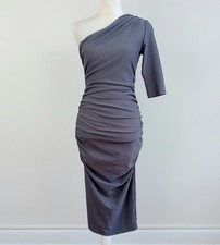 Medium ALIEVA Gray DOLLY Pleated Ruched Elegant BODYCON One-Shoulder Midi Dress