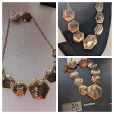 Statement Modern Brass Copper Hexagonal Gold Tone Necklace & Ear rings 20g NEW