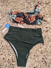 Dark Green Floral One Shoulder Ruffle High Waisted Bikini Medium M Hawaii Cupshe