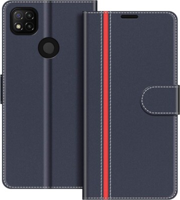 Handy Hülle für Xiaomi Redmi 9C, Magnet Flip Leder Case Wallet Dunkelblau/Rot