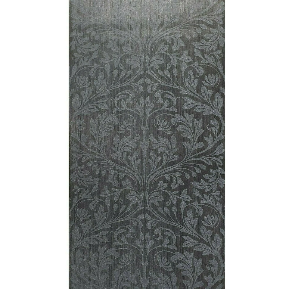 Floral Damask Glassbeads textured charcoal gray silver Metallic lines Wallpaper - Image 3 of 4