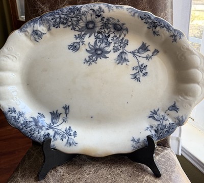 W&E Corn ANTIQUE Flow Blue Flannel Daisy pattern CHINA 20x 13.5'' PLATTER