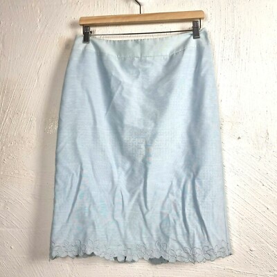 DOLINA PETITES Womens Pencil Skirt Size 12 Blue Lace Trim Knee Length